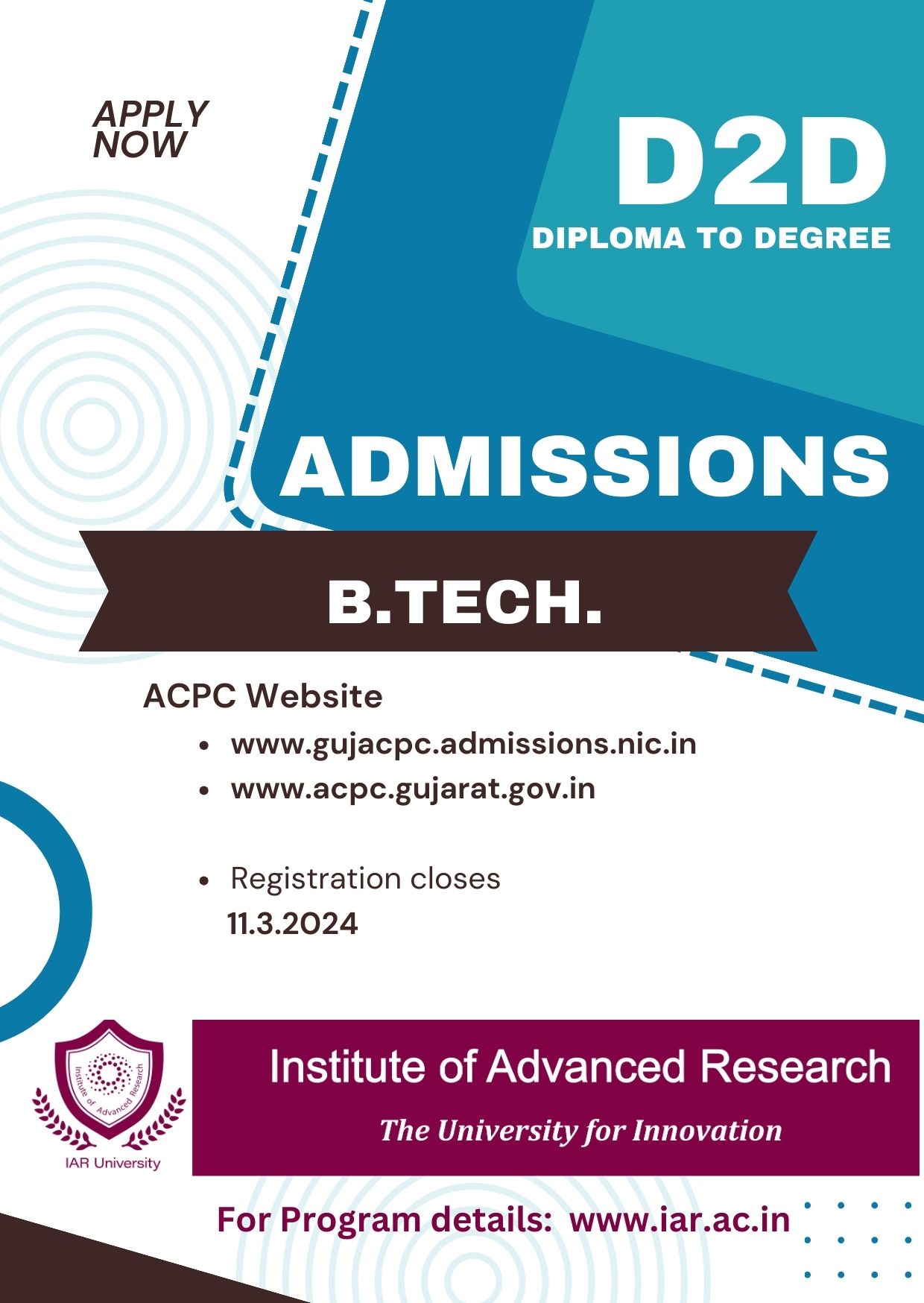 D 2 D Admissions : Last date – 11th March 2024